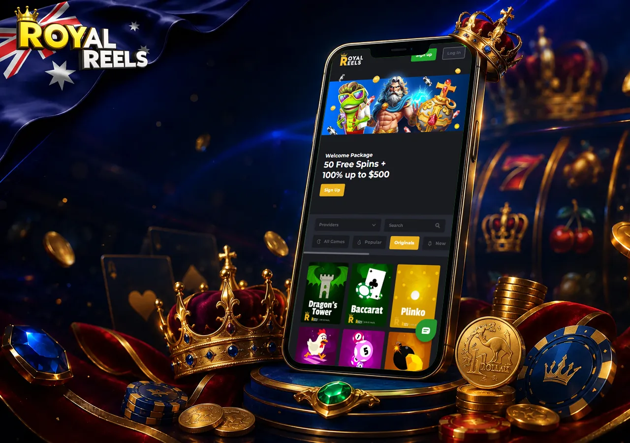 Royal Reels Casino overview with mobile view, crown details, pokies and premium Australian gaming atmosphere