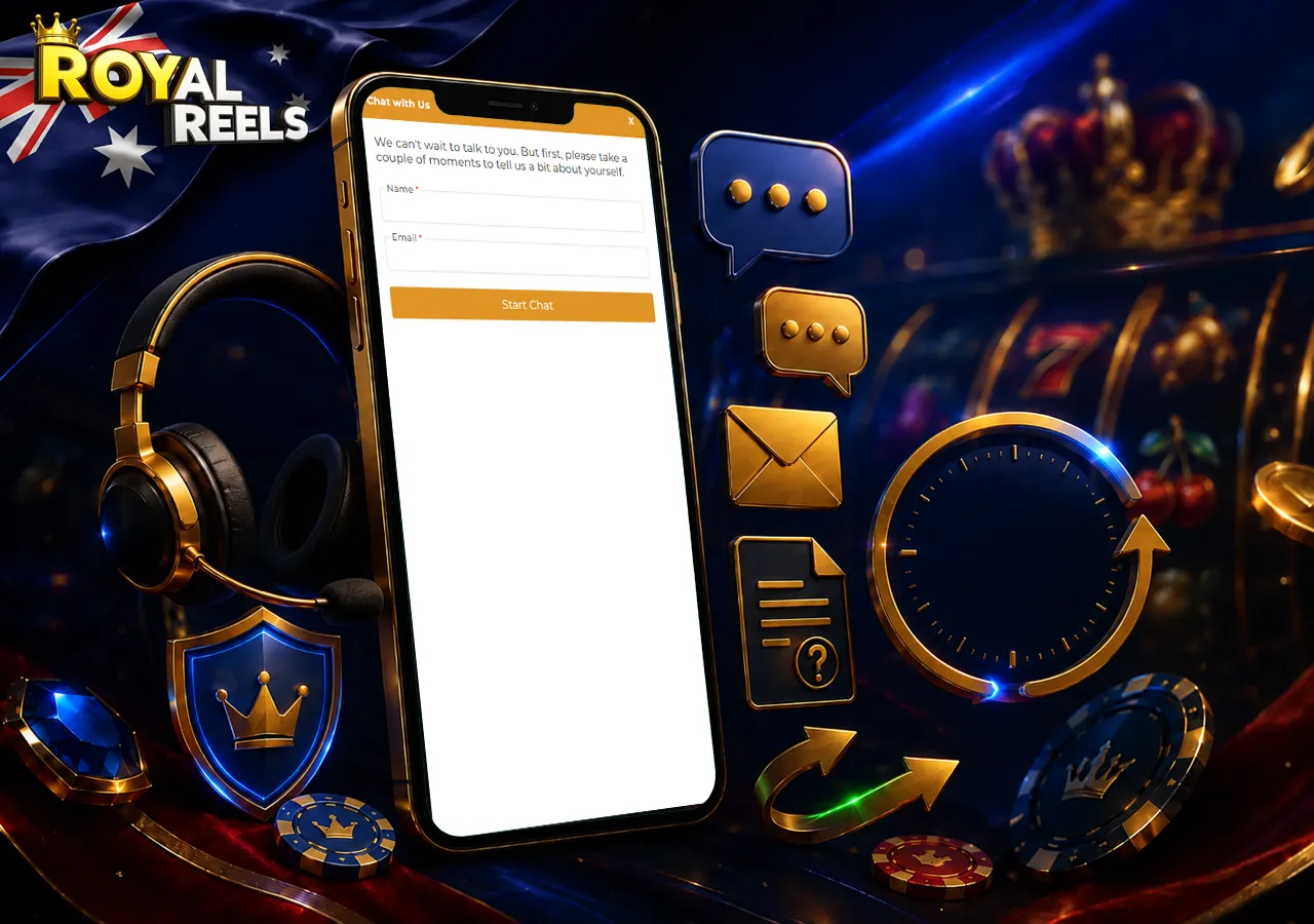Customer support scene with chat bubbles, email, FAQ document and 24/7 assistance cues