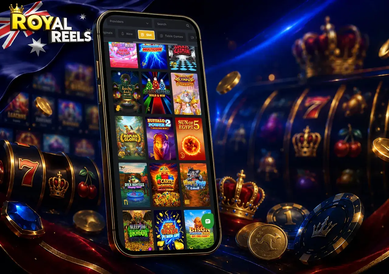 Pokies library on mobile with spinning reels, crown accents and polished game-card visuals